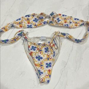 WeWoreWhat White Bikini with Blue & Yellow Tile Motif